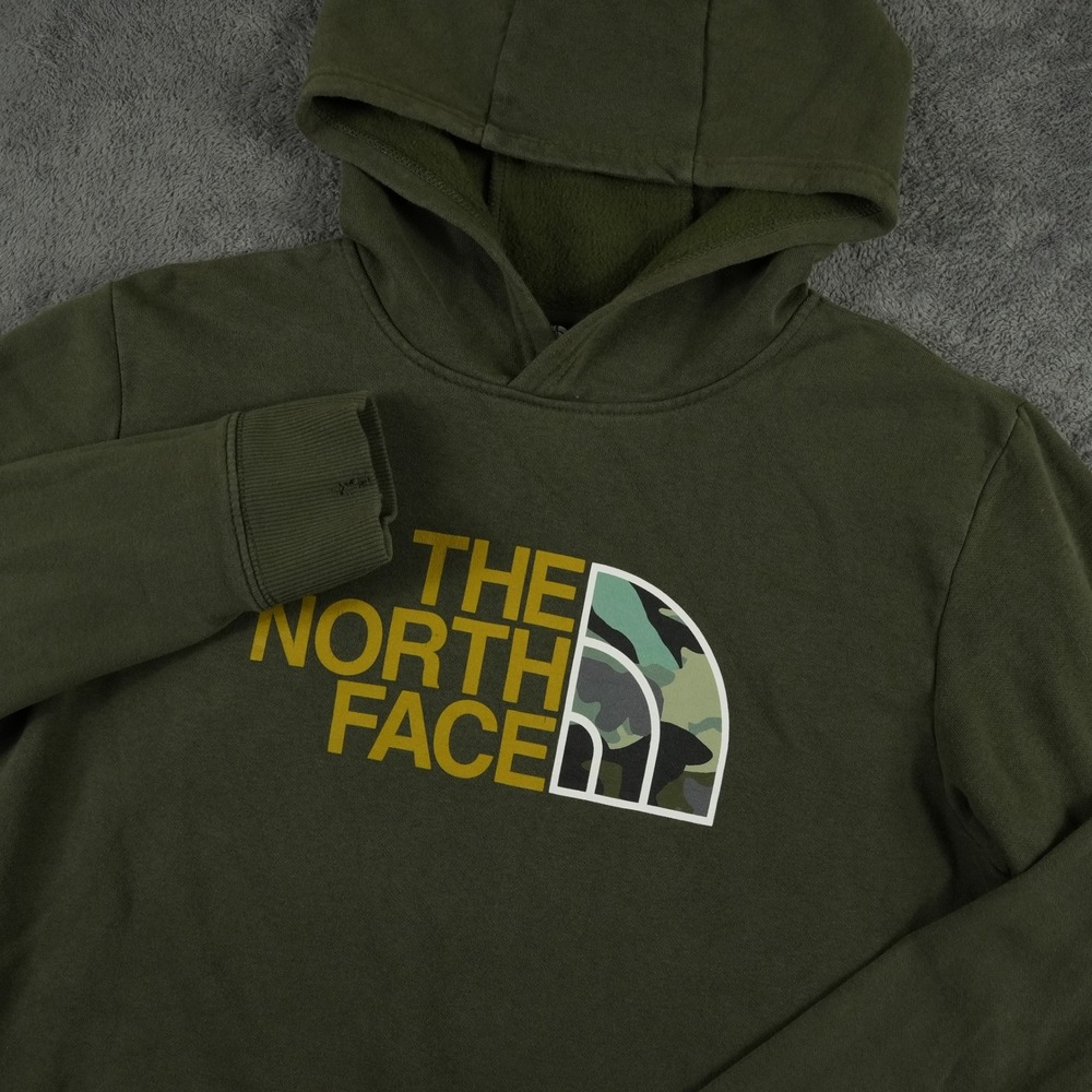 The North Face Hoodie Boys XXL Olive Green Camo Logo Pullover Fleece Outdoor